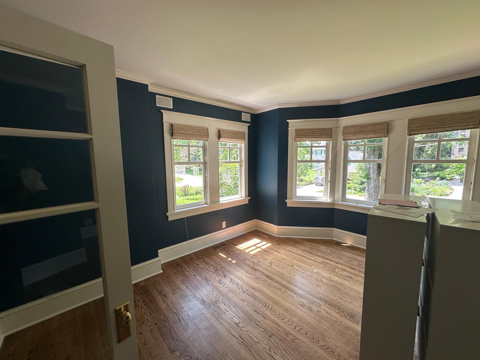 After — Grasscloth to navy accent wall