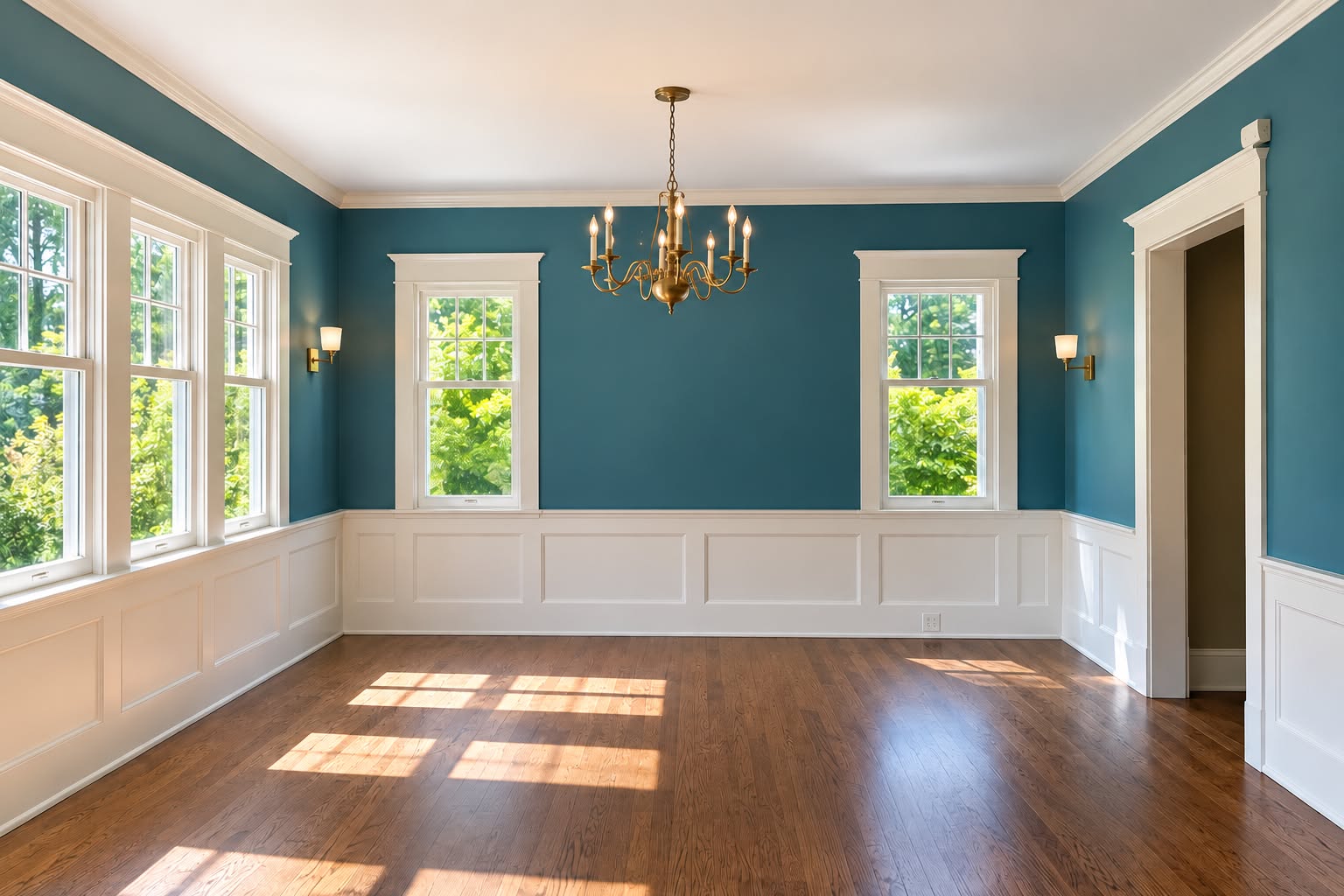 Freshly painted teal dining room with white wainscoting and brass chandelier